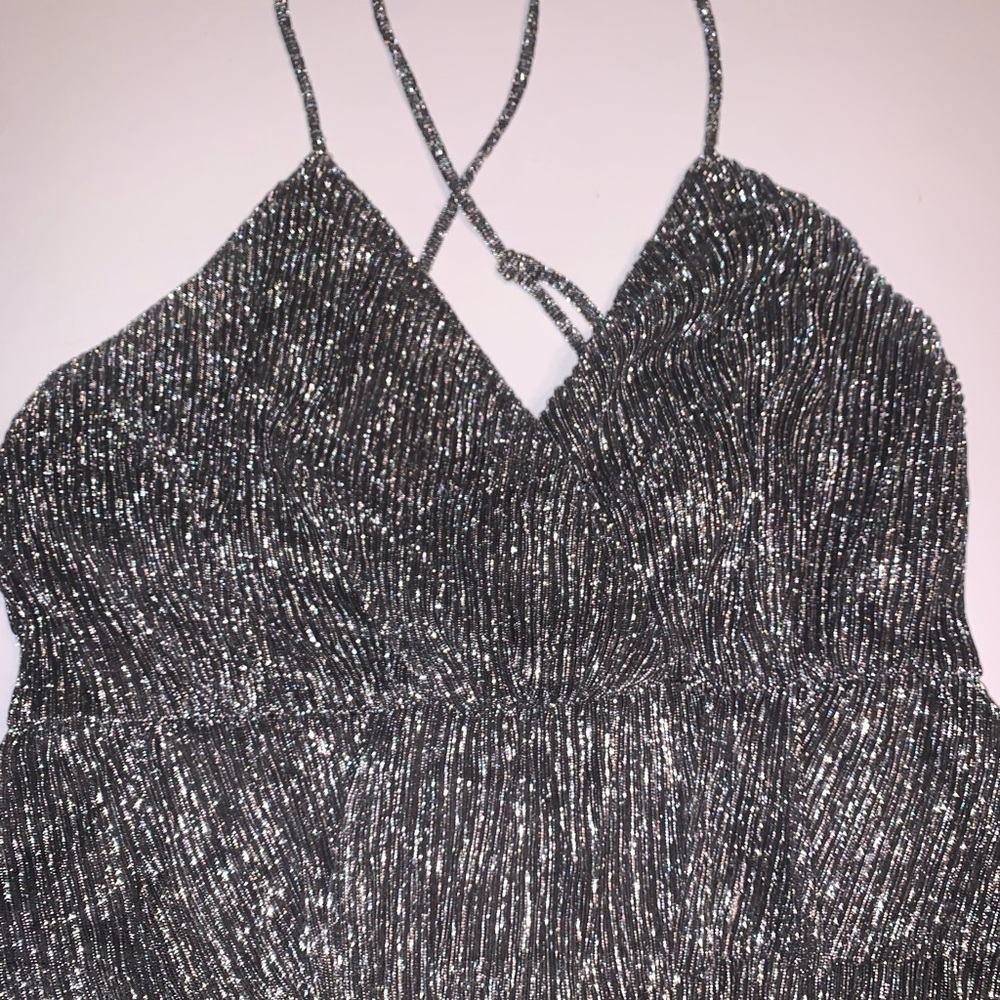 Lulus Glowing Gorgeous Silver Metallic Sparkly Shiny Tiered Mini Dress 4 Flaw - Picture 8 of 13
